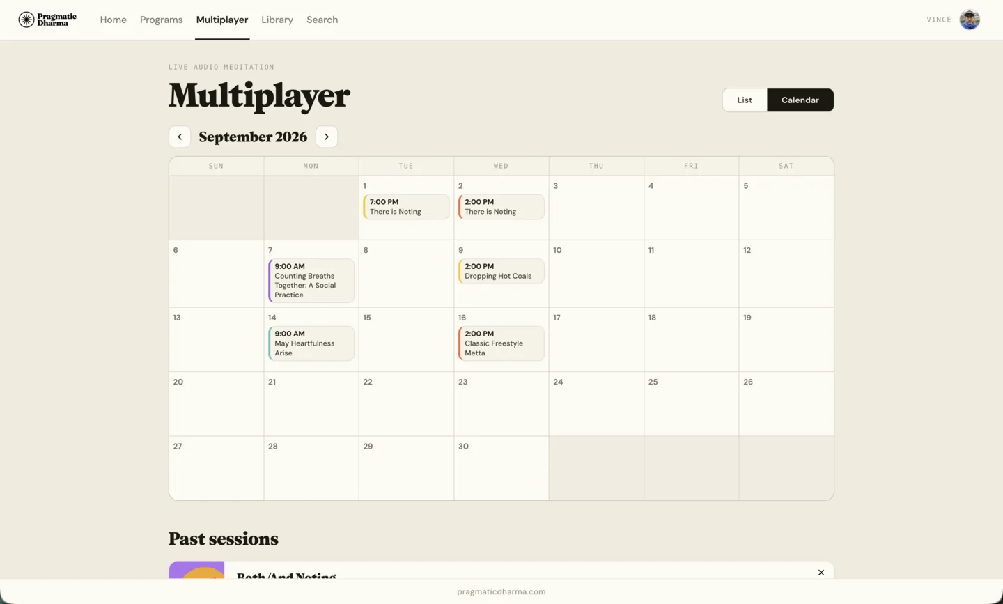 The Multiplayer calendar view, showing live group sits arranged across a month