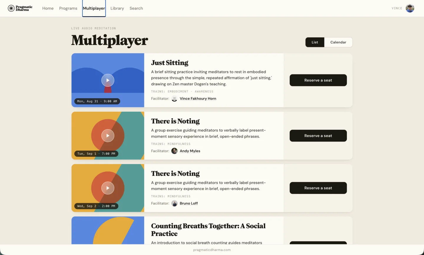 The Multiplayer list view, showing upcoming live group sits with facilitators and reserve buttons