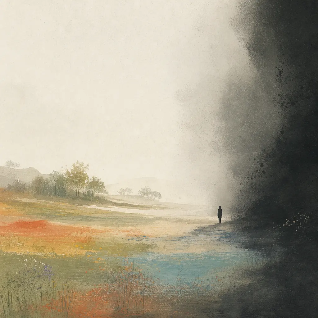 Lit meadow giving way to an unmapped dark region, one figure standing at the boundary