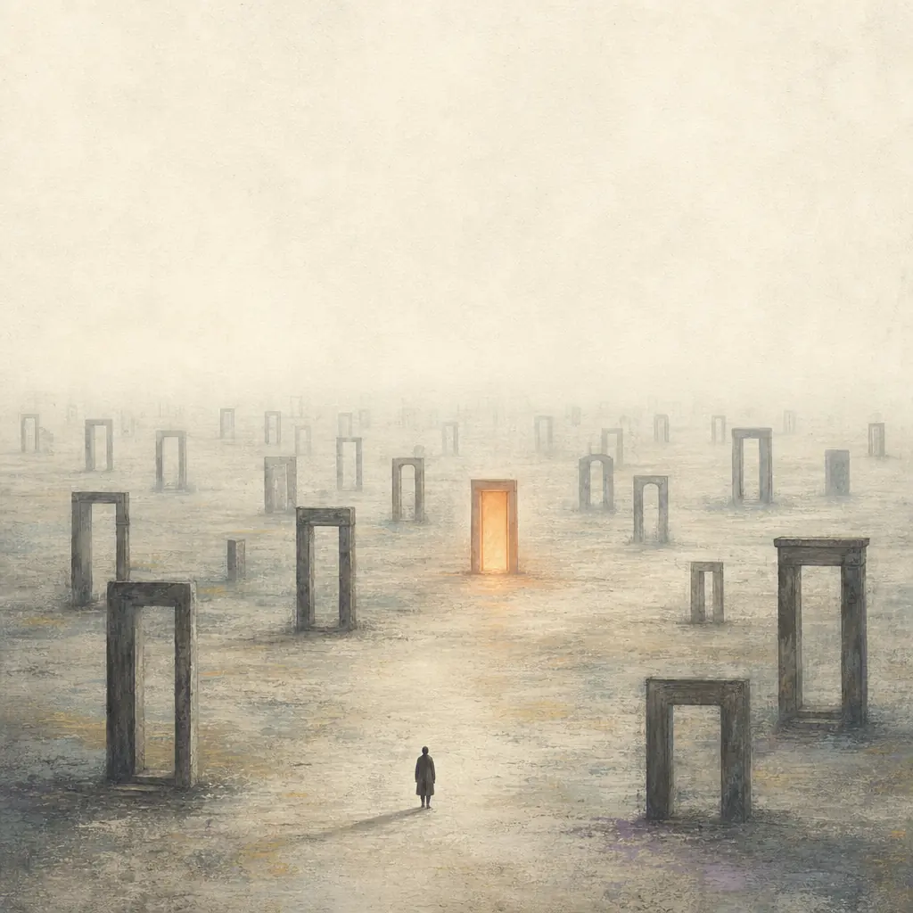 A field of near-identical doorways in mist, one of them warmly lit