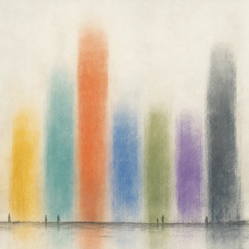 Seven columns of coloured light at different heights