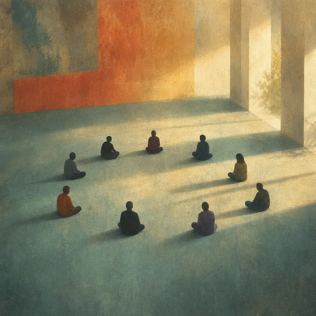 A loose circle of people sitting together in a sunlit room