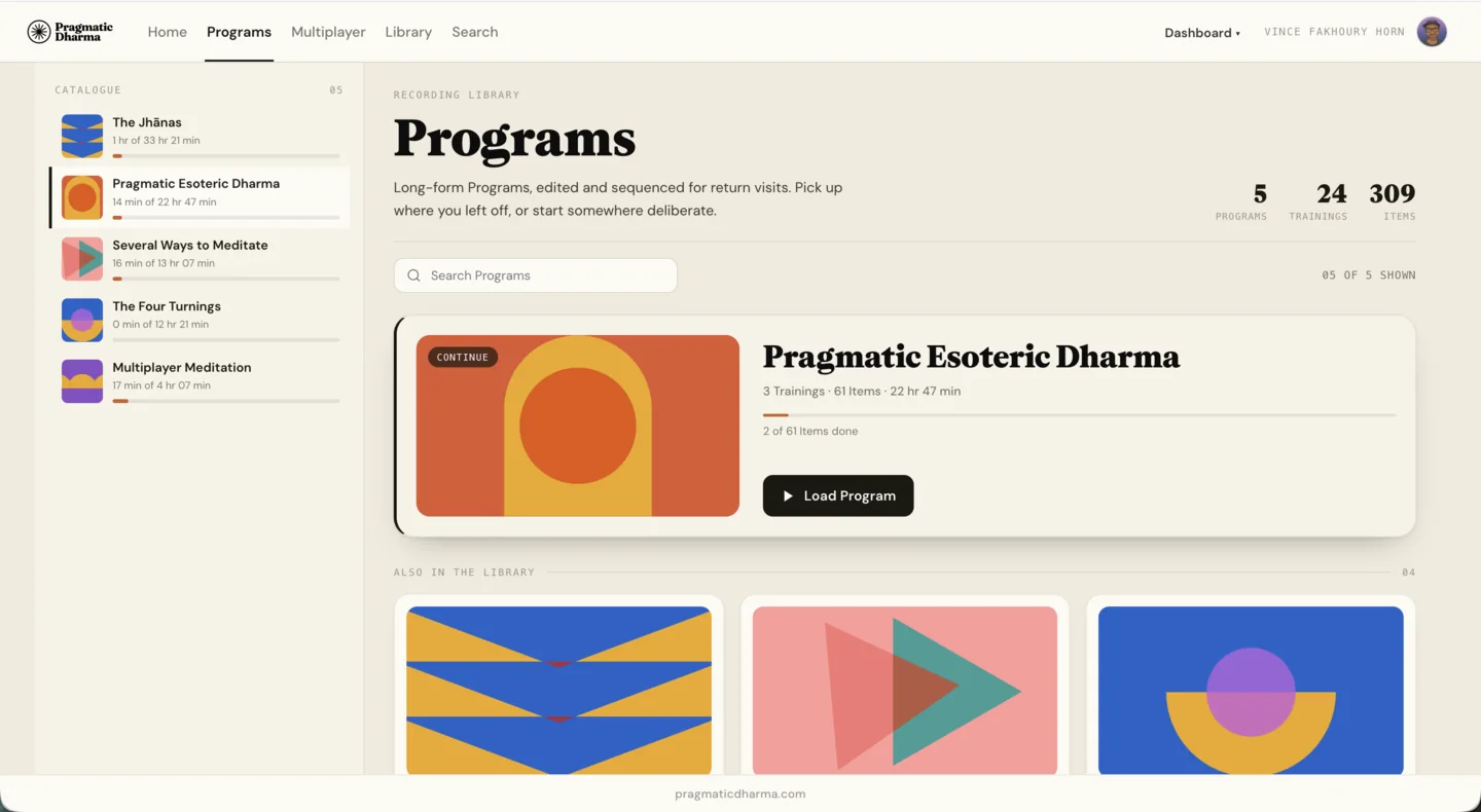 The Programs screen, showing the Pragmatic Dharma program library